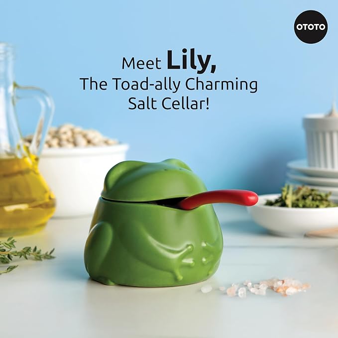 OTOTO NEW Lily Salt Cellar with Lid and Spoon - 6 oz Frog Salt Containers for Countertop, Ceramic Salt Holder with Lid for Sugar, Frog Stuff, White Elephant Gifts, Cute Gifts Accessories - Green