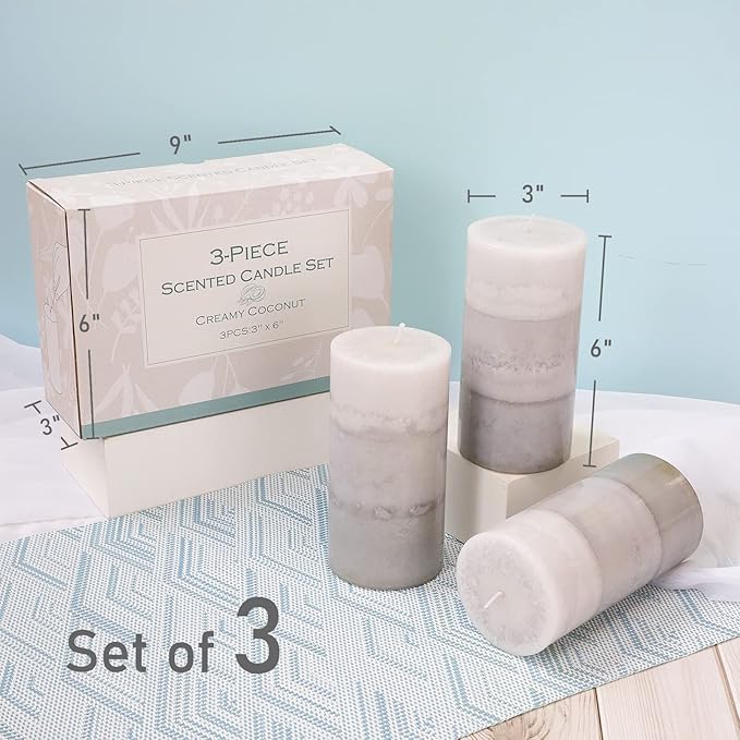 3" x 6" Creamy Coconut Scented Pillar Candles Long Burning Cotton Wick Candle Gift Set for Home Decorations