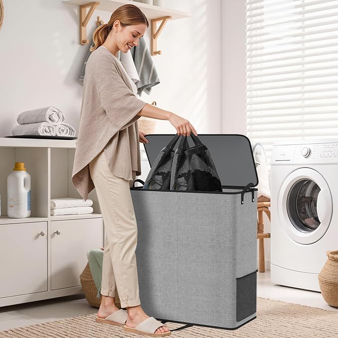 Large Double Laundry Hamper with Lid, Removable Bags & Reinforced Handles, 2 Section Tall Laundry Basket, Dirty Clothes Hampers for Laundry Room, Bedroom, Bathroom, Dorm, 155L, Gray