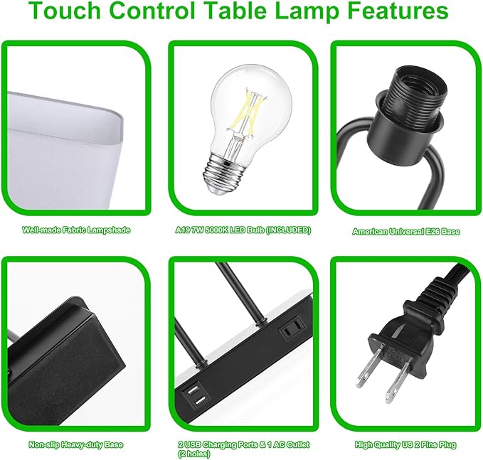 Bedside Touch Control Table Lamp with Dual USB Charging Ports 1 AC Outlet, 3 Way Dimmable Modern Nightstand Lamp with Grey Fabric Shade, Desk Lamp for Bedroom Living Room Office with 5000K LED Bulb