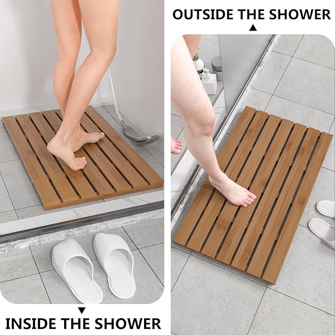Domax Wooden Bamboo Bath Shower Mat- Non-Slip Waterproof Large Bathroom Floor Mat for Indoor Outdoor (Walnut, 31.3 x 18.1 x 1.5 Inches)