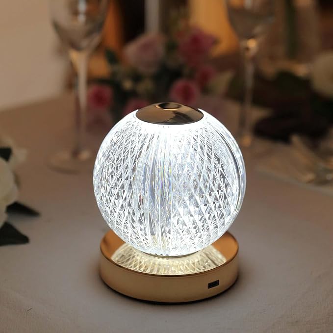 Efavormart 5" Diamond Cut Crystal Ball Dimmable LED Table Lamp with Touch Control, Cordless Rechargeable Decorative Night Light