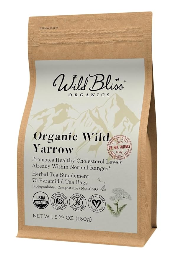 Organic Wild Yarrow Flower Herbal Tea - Caffeine Free - Pharmacopoeia Potency - 75 Plant Based Tea Bags
