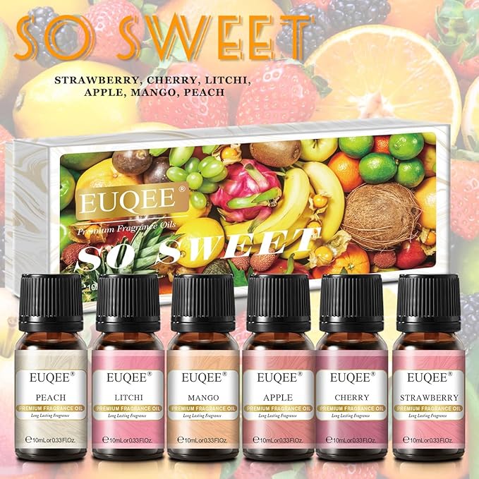 EUQEE Premium Fruit Fragrance Oils Gift Set for So Sweet - 6x10ml-Strawberry, Cherry, Litchi, Apple, Mango, Peach - Scented Essential Oils for Diffuser, Candle Making