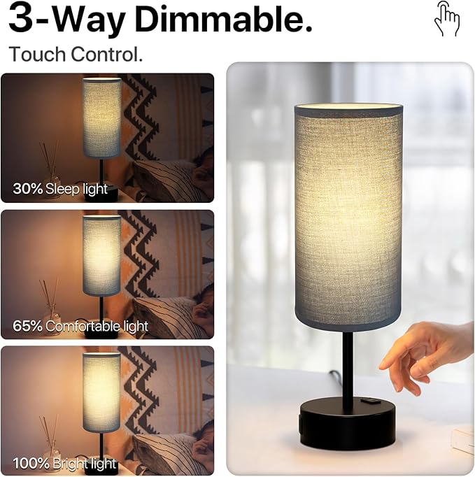 KPQ Small Bedside Lamp Touch Control Table Lamp with USB A+C Charging Ports & AC Outlet 3-Way Dimmable Nightstand Lamp with Linen Fabric Shade for Bedroom Living Room