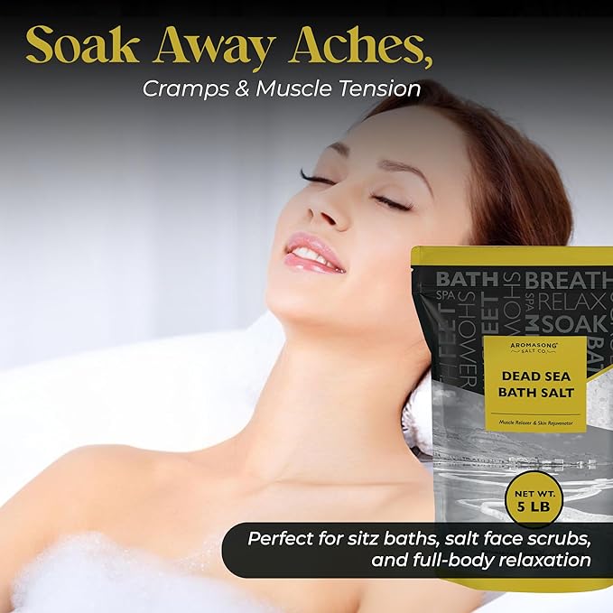 Aromasong Dead Sea Bath Salt - 100% Pure & Natural Dead Sea Salts for Soaking Fine Grain 5 LB - Bulk Resealable Pack (Packaging May Vary) Used for Body wash Scrub - Soak for Women & Men.