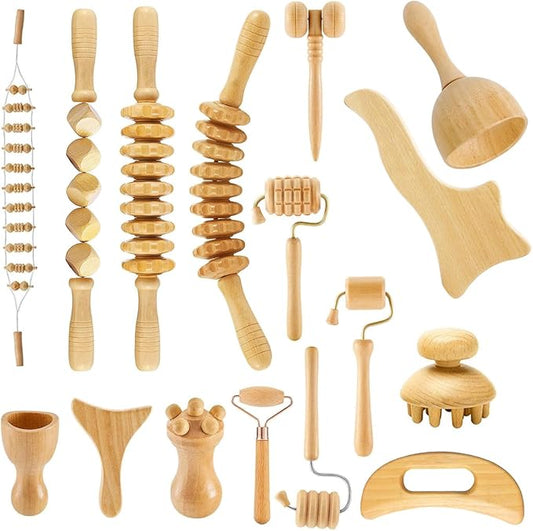 16Pcs Wood Therapy Massage Tools Set, Maderoterapia Kit for Body Sculpting, Lymphatic Drainage & Deep Tissue Massage, Wooden Fascia Roller for Face & Full-Body Muscle Pain Relief