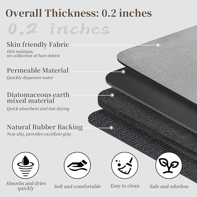 Diatomaceous Earth Bath Mat - 24x17 Quick Dry Absorbent Non Slip Thin Bathroom Rug, Grey