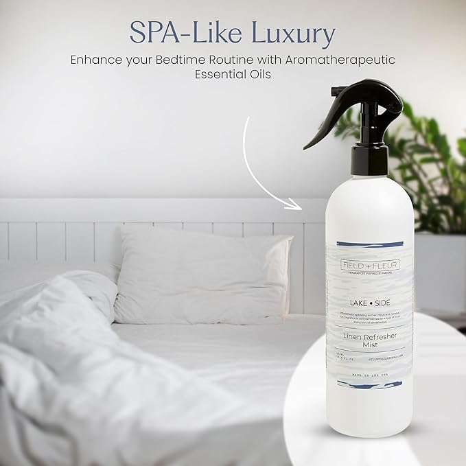 FIELD FLEUR Lake Side Linen & Room Spray 15.5 oz - Aromatic & Refreshing Bedding & Fabric Mist – Air Freshener for Clothes & Sofas - Notes of Amber, Citrus, Coconut, Musk & Sandalwood - Made in USA