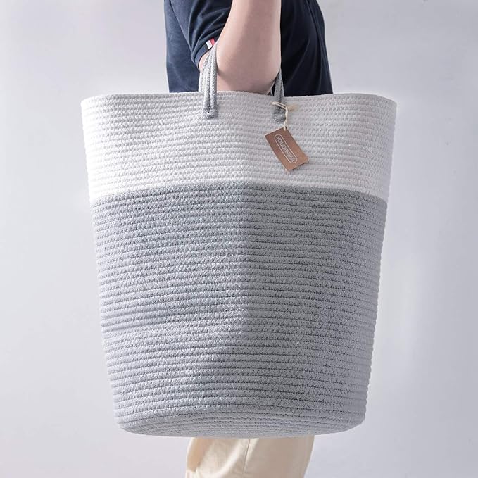Cotton Rope Laundry Hamper by YOUDENOVA, 58L - Woven Collapsible Laundry Basket - Clothes Storage Basket for Blankets, Laundry Room Organizing, Bedroom Storage, Clothes Hamper – Grey