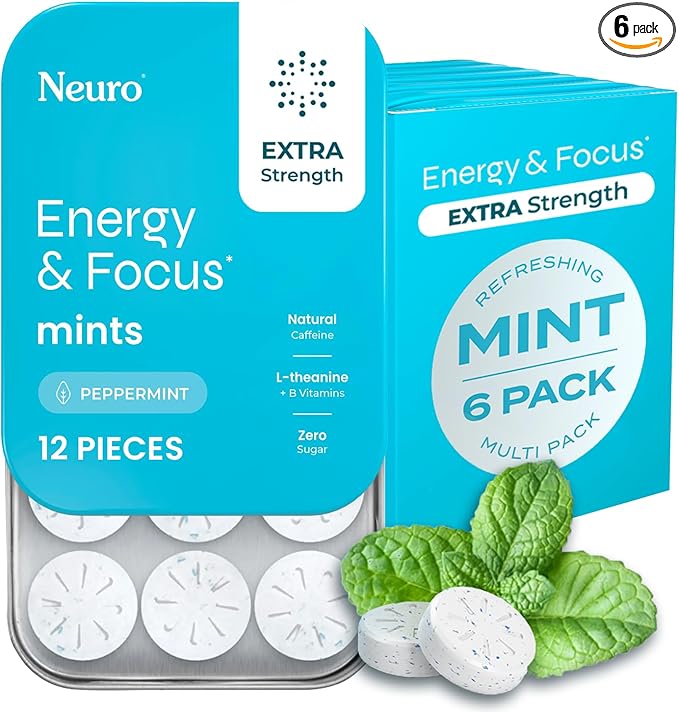 NeuroGum Extra Strength Energy & Focus Mints (Peppermint, 72 Pieces) | 100mg Natural Caffeine + L-Theanine + Vitamin B12 & B6 | Sugar Free Nootropic Cognitive Brain Performance Supplement
