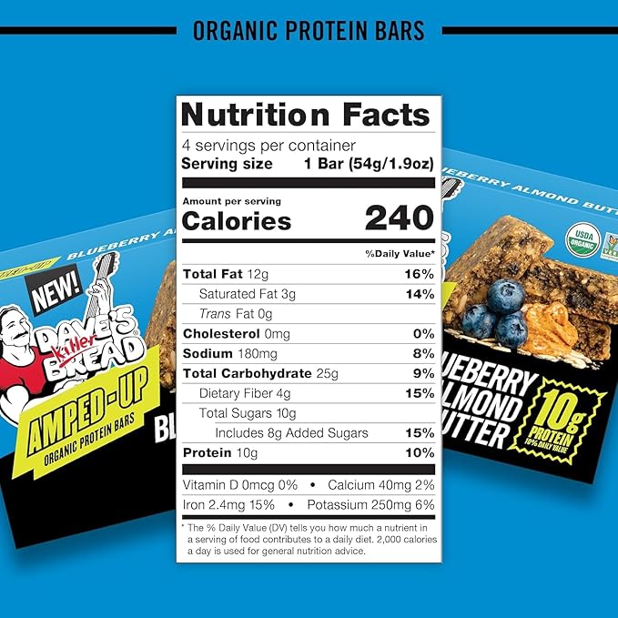 Dave's Killer Bread Blueberry Almond Butter Amped-Up Protein Bars 4 CT + Double Chocolate Coconut Amped-Up Protein Bars 4 CT (1 of each) Variety Pack