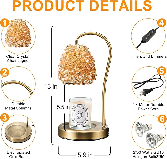 Candle Warmer Lamp with Timer Adjustable - Height Candle Warmer, Dimmer, Crystals Lampshade, Wax Melting Lamps for Home Decor, for Candles in Jars with 2 Bulbs