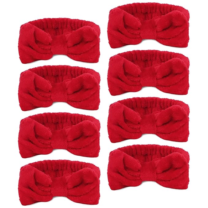 Ondder Spa Headband for Washing Face 8 Pack Red Skincare Headbands for Women Girls Terry Cloth Cute Makeup Headbands Head Bands with Bow