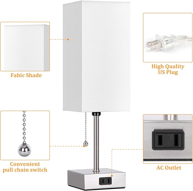 Dott Arts Touch Control Bedside Lamp, 3 Way Dimmable Nightstand Lamp with 2 USB Ports & AC Outlet, Modern Style, White Fabric Shade