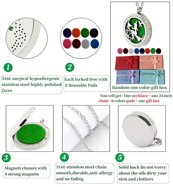 Essential Oil Diffuser Necklace for Birthday Christmas- Aromatherapy Crystal Jewelry Stainless Steel Halloween Magic Witch Locket Pendant with 24'' Chain 8 Washable Refill Pads Gift