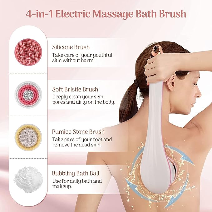 Body Brush Rechargeable, Electric Body Brush Set, Scrubber Shower Brush with Long Handle, Spin Skin Brush with 6 Brush Heads for Cleanse, Massage, exfoliate and Pamper Your Skin in The Shower (Pink)