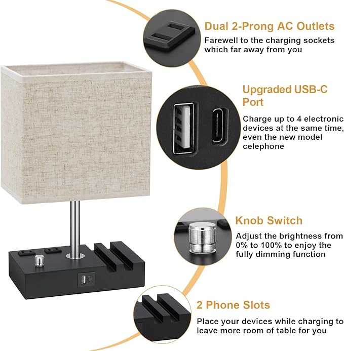 Kakanuo Table Lamp for Bedroom with Dual USB Ports, Beige Fully Dimmable Bedside Lamp with Phone Stands and 2 Charging Outlets, Desk Lamp for Nightstand and Living Room, LED Bulb Included