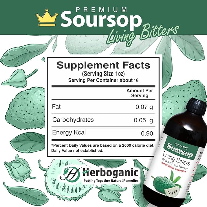 HERBOGANIC Premium Herbal Soursop Bitters Liquid – 16oz Pack of 2 | Organic Herbal Living Bitters with Soursop | Natural Detox, Digestive & Immune Support