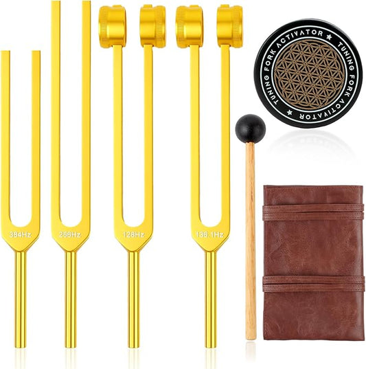 Tuning Forks for Healing Set (Gold) – Includes 128Hz, 136Hz, 256Hz, 384Hz & Activator, Portable in Red Leather Pouch – Medical Grade Sound Healing Instruments for Chakra, Yoga, and Meditation