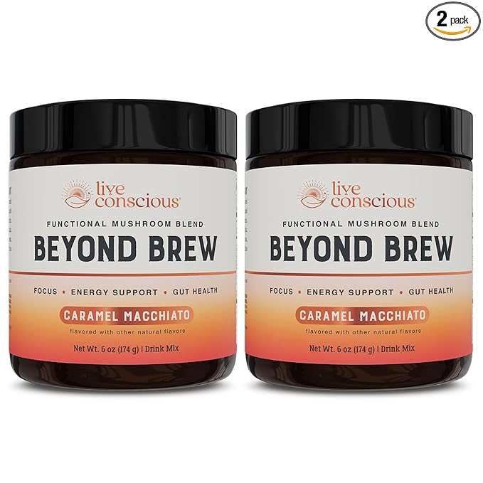 Beyond Brew Caramel Macchiato Coffee Alternative - Low Caffeine Superfood - Powerful Mushroom Complex with Lion’s Mane, Reishi & Chaga - Brewed Drink with Prebiotics & Probiotics (2-pack)