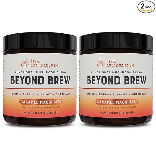 Beyond Brew Caramel Macchiato Coffee Alternative - Low Caffeine Superfood - Powerful Mushroom Complex with Lion’s Mane, Reishi & Chaga - Brewed Drink with Prebiotics & Probiotics (2-pack)