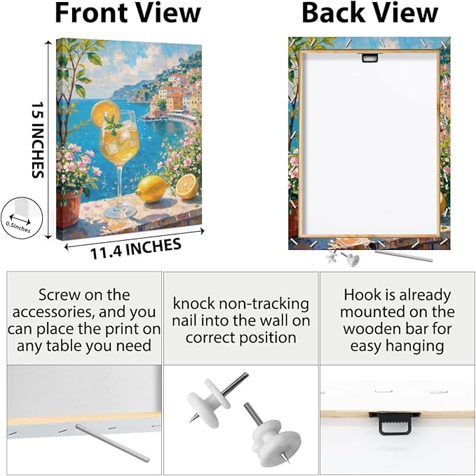 Italy City Wall Art, Coastal Landscape Watercolor Painting Italy Lemon Canvas Framed Prints Modern Decorations, Summer Aesthetic Flowers Poster for Living Room Entryway Farmhouse Bedroom Dining room