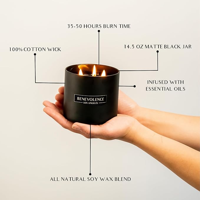Benevolence LA 3 Wick Candle, Charcoal Large Scented Candle | Soy Candles | Gifts for Women and Men | Home Fragrance | Aromatherapy | Bathroom Freshener 14.5 Oz, 45 Hour Burn