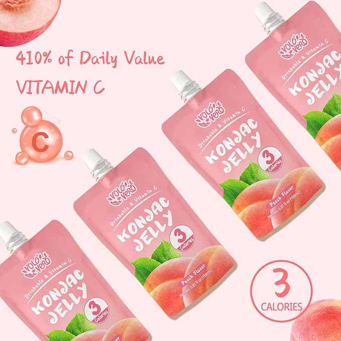 VOLO VERO Konjac Jelly Squeeze Pouch Peach Flavor, Low Calories (3 Kcal), 10 Packs, Gluten Free & Vegan, 0 Sugar, Keto, Low Carb, Drinkable Vitamin C Healthy Fruit Snacks, Holiday Gifts
