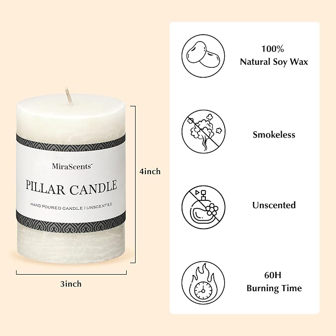 3x4 Inch White Pillar Candles - Set of 3, Hand-Poured Unscented, Long Burning, Smokeless Dripless for Dinner Table, Wedding, Home, Bathroom, Rustic Decor