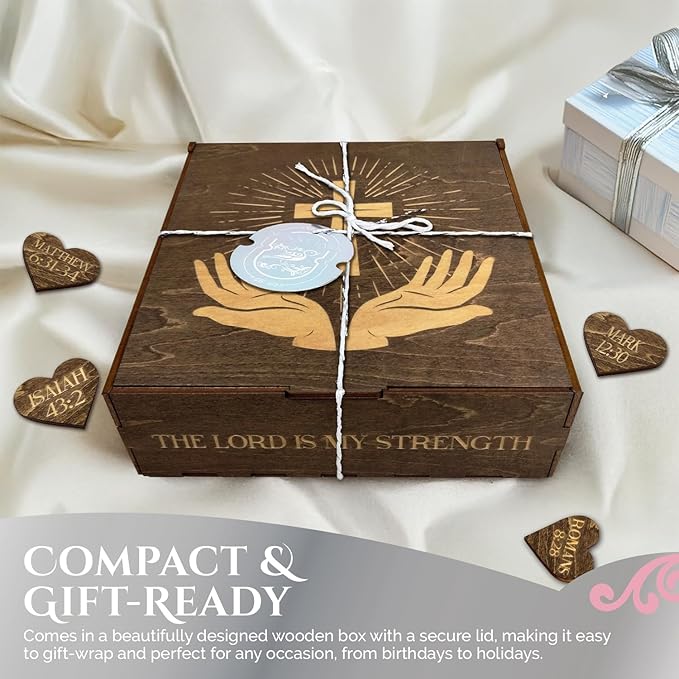Biblical Affirmations Box | Christian Themed Engraved Wood Box with 72 Scripture Affirmation Heart Cutouts | Daily Motivational Religious Gift