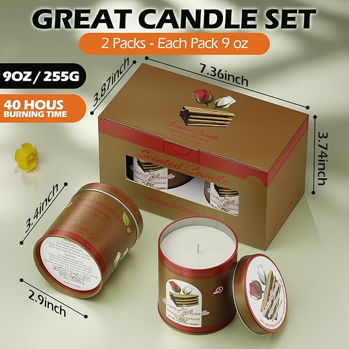 Sandalwood & Rose Scented Candles Gift Set | 2 Pack,8% Essential Oils,80-Hour Clean Burn Smoke-Free | Tin Jar Soy Wax Aromatherapy Candles Relaxation Meditation for Home Birthday Gifts for Men & Women