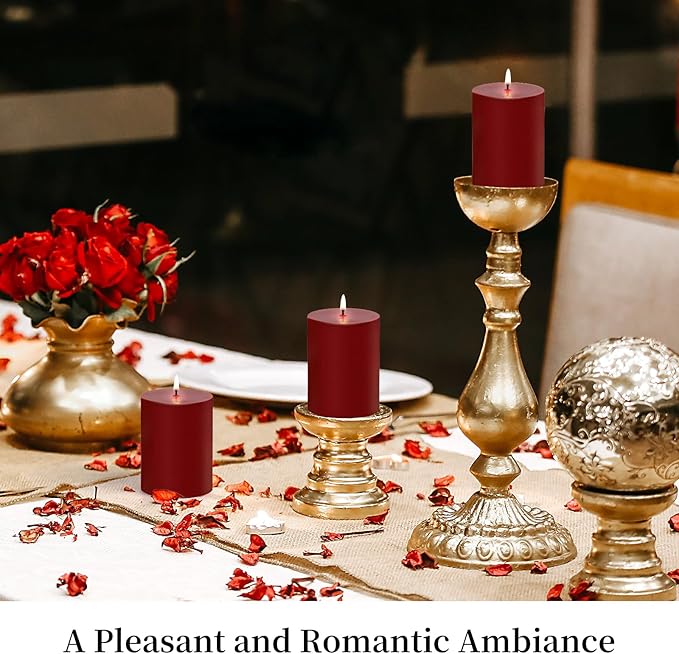 KONNI Dark Red Pillar Candles Set of 3, 3"x 4" Unscented Pillar Candles Bulk, 39 Hours Long Burning Candles, Smokeless&Dripless Large Round Candle for Wedding, Home Decoration, Parties, Spas, Dinner