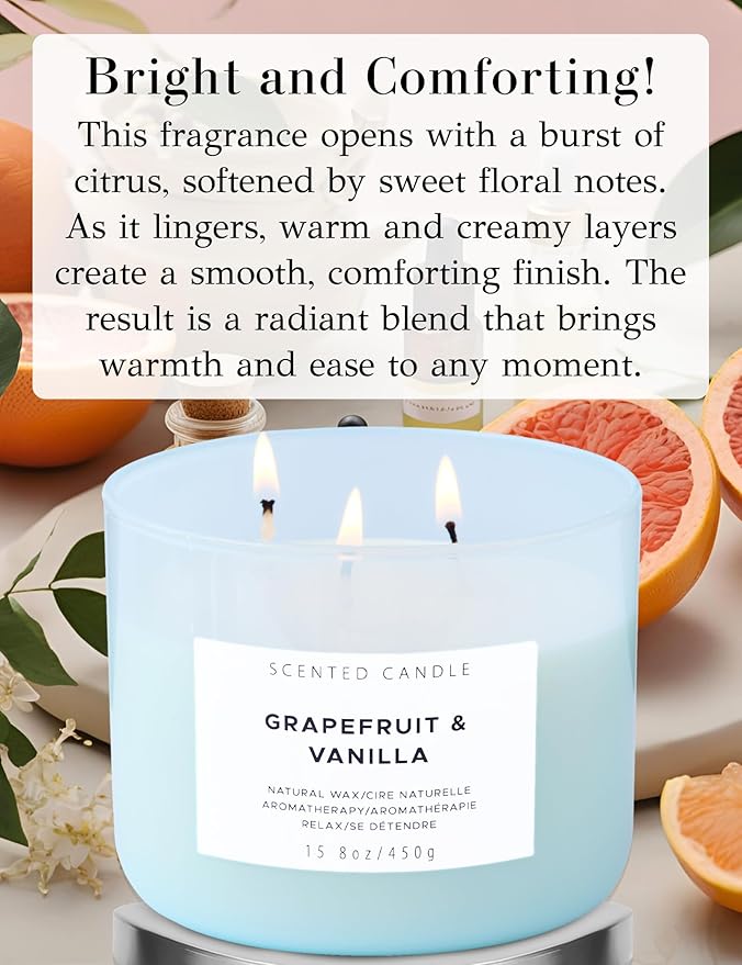 Grapefruit Vanilla 3-Wick Scented Soy Candle, 15.8 oz - Aromatherapy Citrus & Vanilla Candle, Long-Lasting Clean Burn, Strong Throw