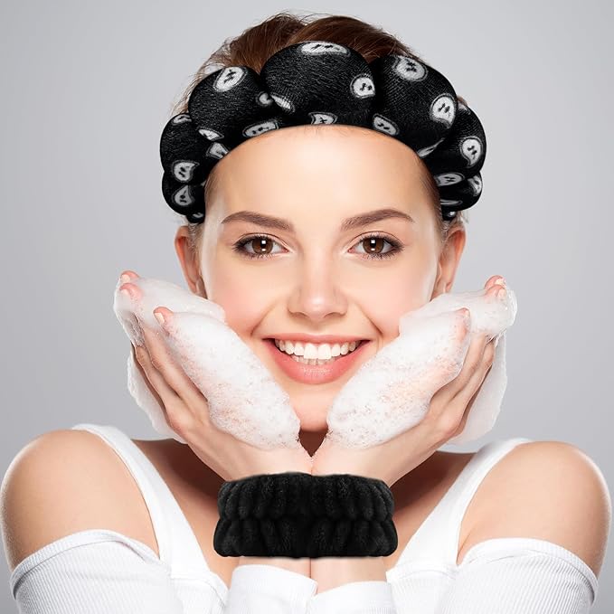 Zkptops Spa Headband for Washing Face Wristband Set Sponge Makeup SkincareVelvet Fabric Bubble Soft Get Ready Hairbands for Women Puffy Headwear Non Slip Thick Thin Hair Accessory (Black Nuts)