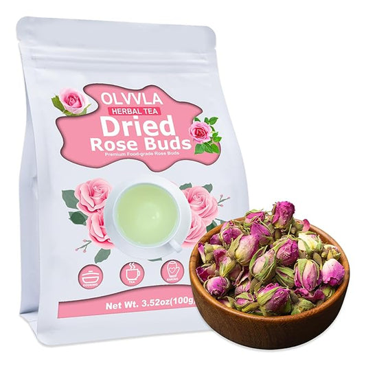 Olvvla - Dried Rose Bud For Fragrant Herbal Tea - 3.52oz/100g - Delicate Sweet and Refreshing - Natural Pink Rosebud Flower for Tisane, Decorative Desserts