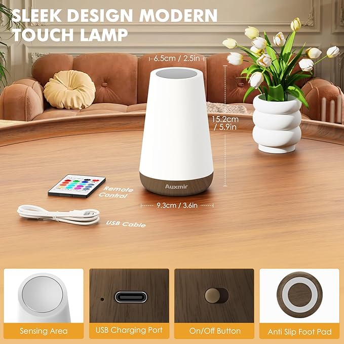 Auxmir Night Light, Dimmable Touch Lamp for Bedroom, 13 RGB Colors & 5 Brightness, Portable Rechargeable Bedside Table Lamp for Baby Nursery, Night Lights for Bedroom Living Room Bathroom Hallways