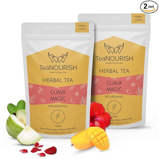 TeaNOURISH Guava Magic Herbal Tea | CAFFEINE-FREE | Refreshing and Fruity | 100% Natural Guava, Mango, Apple, Hibiscus & Rose Petals | Brew Hot or Iced Tea - 3.53oz/100g (Pack of 2)