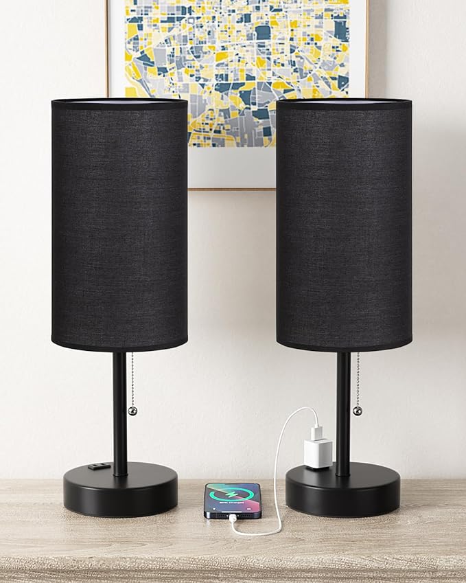 Fenmzee Large Black Bedside Lamps Set of 2-3 Color Temperatures Pull Chain Lamp with AC Outlet Charging Port, Two Round Night Stand Lamps for Bedroom Guest Room Office, Bed Side Light