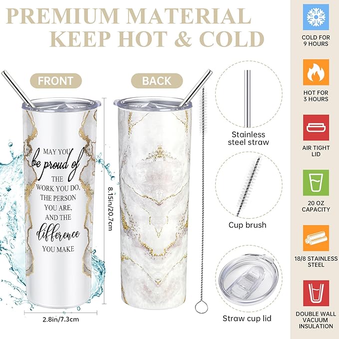 Domensi 6 Pcs Employee Appreciation Gift Set for Women Female Thank You Gift May You Be Proud 20 oz Rustic Marble Sign Tumbler Makeup Bag Journal for Teacher Nurse Lady Work Business(White)