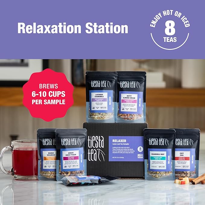Tiesta Tea - 8 Herbal & Rooibos Sampler Dry Flight Set, Loose Leaf, No Caffeine, Makes Hot and Iced, Assorted Tea Sets with Herbal, Chai, Fruit Blends & More, 8 Resealable Sample Pouches
