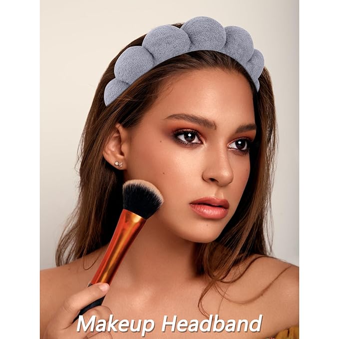 VELSCRUN Spa Headbands for Wash Face, Makeup Headband, Facial Skincare Headbands, 5 Pcs Grey Puffy Sponge Spa Headband Bow Tie Hair Band Hair Clips Wristband Set Women Girls Accessories