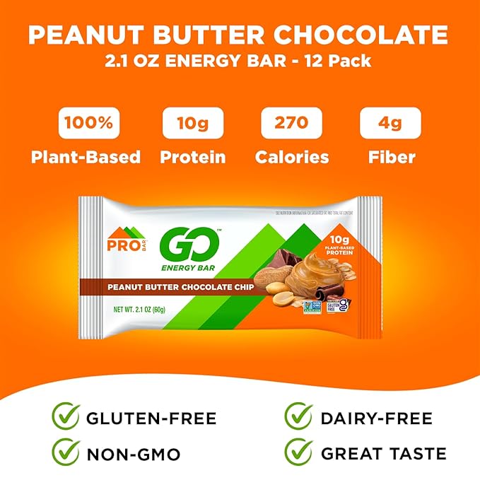 PROBAR - GO Energy Bars - Peanut Butter Chocolate Chip - Gluten-Free, Non-GMO, Whole-Food Ingredient Snack Bars (12 Count)