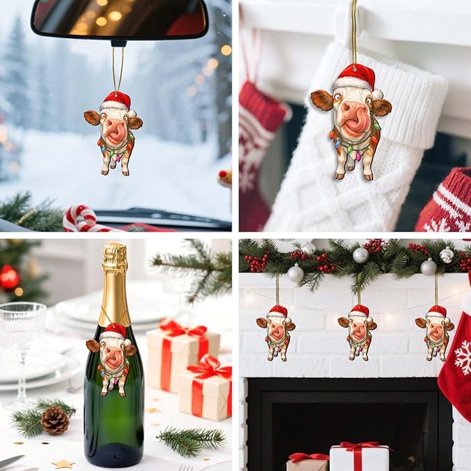 Farmhouse 2 Side Printed Wooden Ornament, Farm Animal Tree Decoration, Dairy Cow Ornament, Holiday Hanging Keepsake Gift for Christmas