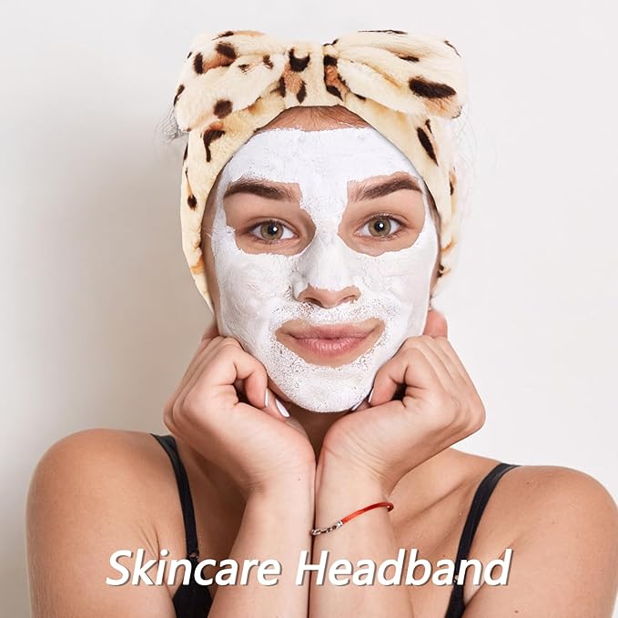 VELSCRUN Spa Headbands for Wash Face, Makeup Headband, Facial Skincare Headbands, 5 Pcs Brown Leopard Puffy Sponge Spa Headband Bow Tie Hair Band Hair Clips Wristband Set Women Girls Accessories