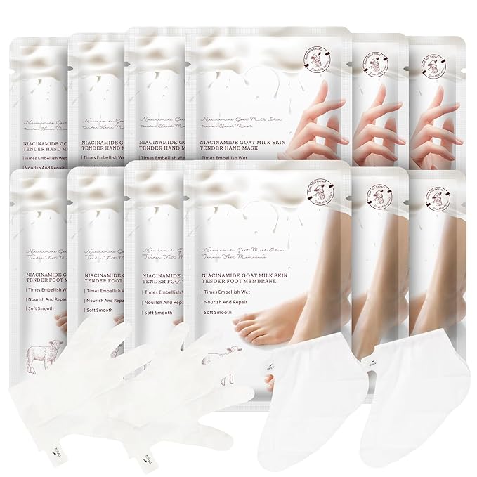 Hydrating Hand Foot Masks Set for Women Men,6 Pack Glove Mask for Dry Hand & 6 Pack Socks Mask for Dry Cracked Feet（Milk）