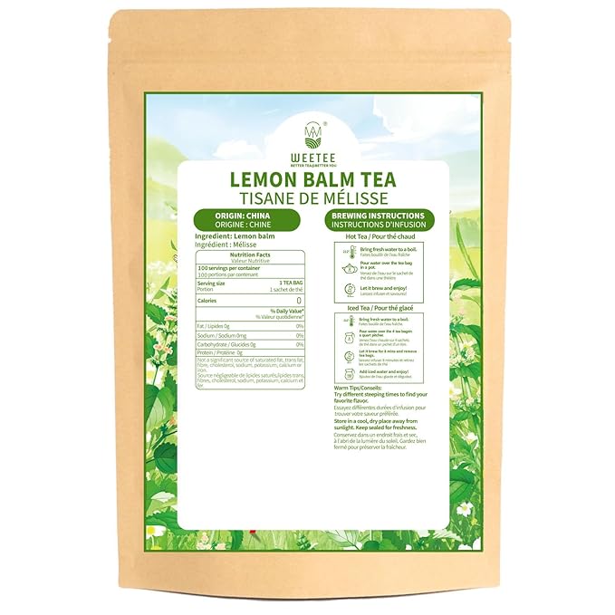 WT WEETEE Lemon Balm Tea Bags, 100 Count Pure Lemon Balm Leaves, Honey Scented with a Delicate Lemon Flavor, Caffeine-Free Herbal Tea