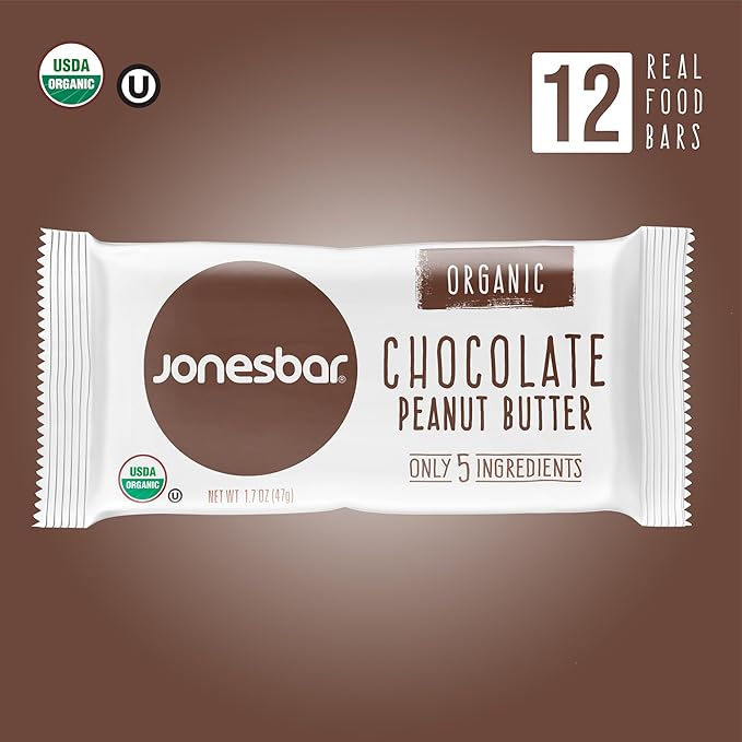 JONESBAR (Chocolate Peanut Butter, 12 Count (Pack of 1)), USDA Organic Fruit & Nut Bar, Non-GMO, Kosher, Vegan, Gluten Free, Simple Snack Bar