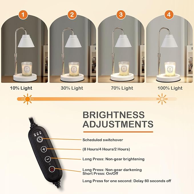 Candle Warmer Lamp with Timer - Dimmable Melting Light with 2 Bulbs, Height Adjustable Wax Lamp for Bedroom, Home Decor Gift, Electric Lamp for Jar Candles, White