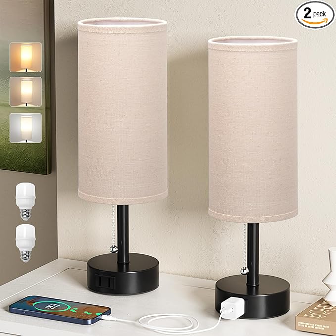 Fenmzee Bedside Table Lamps Set of 2-3 Color Temperatures Pull Chain Lamp with AC Outlet Charging Port, Round Night Stand Lamps for Bedroom Guest Room Office, Small Bed Side Light with E26 LED Bulbs